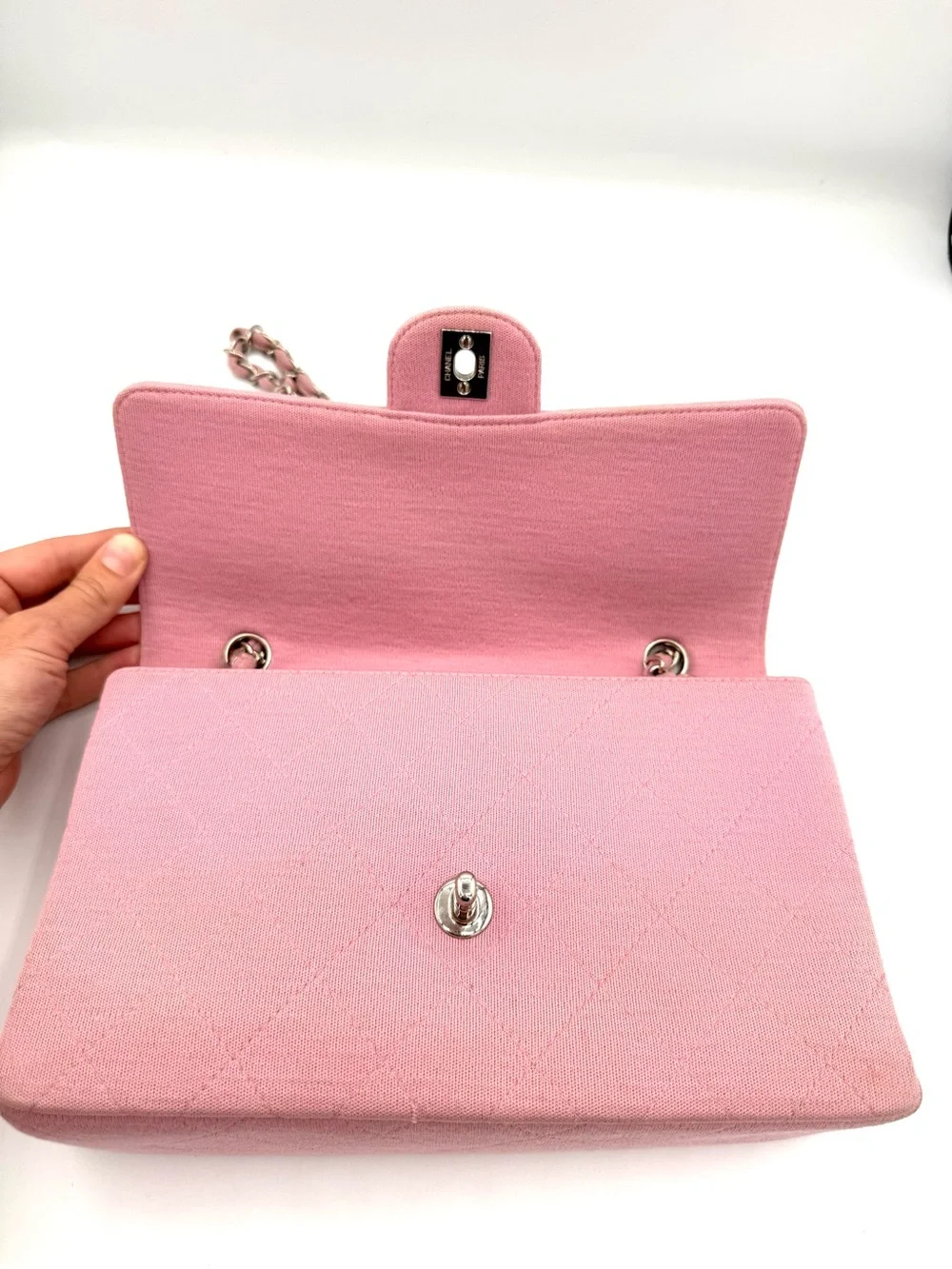 CHANEL Pink Quilted Flap Shoulder Bag with Silver Chain